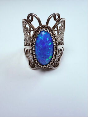 DGS Designer Opal Butterfly Filigree Lace 925 Sterling Silver Ring Turkey